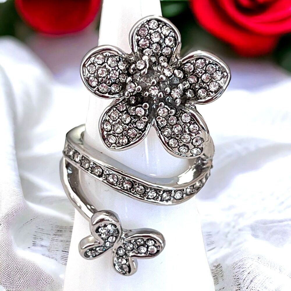 New Silver Tone Flower Butterfly Ring Pave Crystal Size 7 - 1N